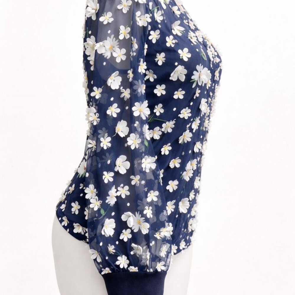 Eva Franco Sasha Toulouse Petal Daisy Sheer Blouse Navy XS NWT - Picture 3 of 5